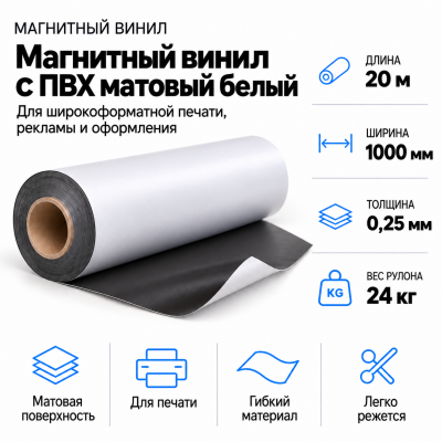 Магнитный винил с ПВХ матовый белый, 20м*1000*0,25мм, PVC-BR,AIC  в Санкт-Петербурге