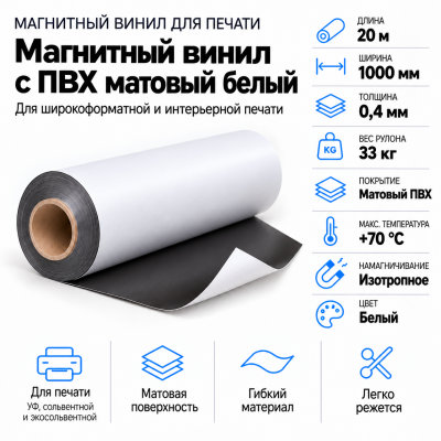 Магнитный винил с ПВХ матовый белый, 20м*1000*0,4мм, PVC-BR,AIC  в Санкт-Петербурге